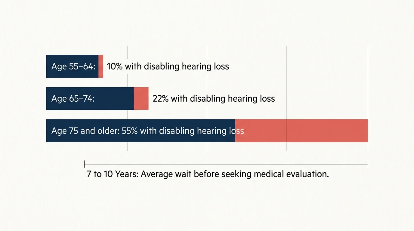 A horizontal bar chart detailing the percentage of older adults with hearing loss across three age brackets.