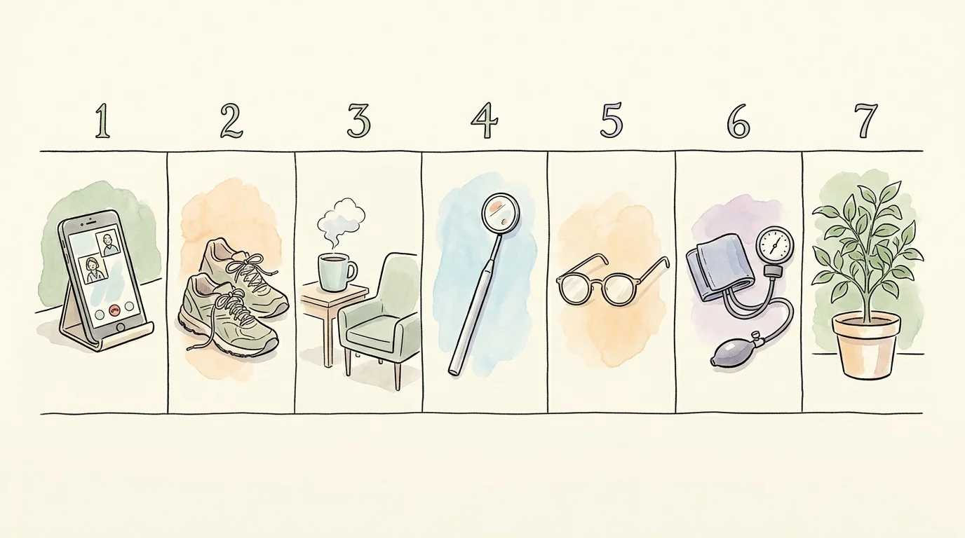 A horizontal seven-panel watercolor grid showing various hidden health benefits like dental, telehealth, and fitness memberships.