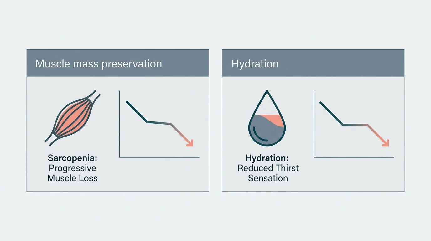 A minimalist diagram comparing healthy muscle mass vs sarcopenia and showcasing senior hydration needs.