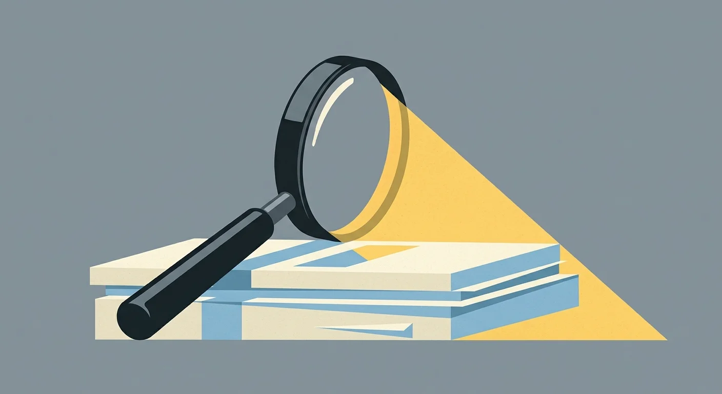 A minimalist editorial illustration of a magnifying glass casting a bright beam of light over stacked documents, symbolizing expert analysis