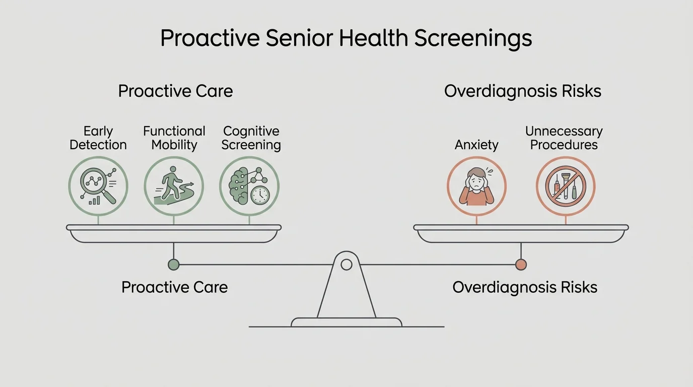 A minimalist infographic of a balance scale showing the pros and cons of comprehensive health screenings.