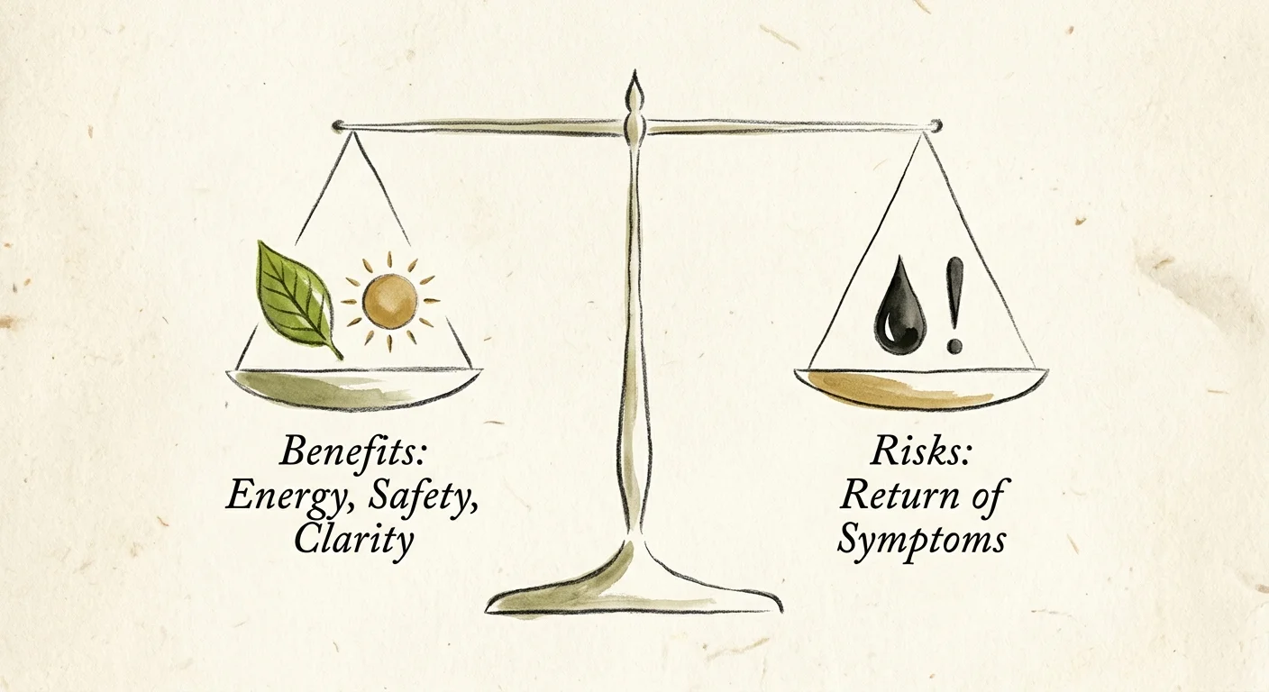 A minimalist scale balancing a green leaf of health benefits against a dark droplet representing risks.