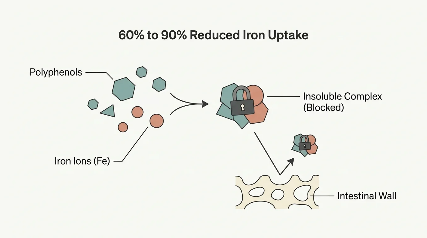 A minimalist scientific diagram showing how caffeine polyphenols bind to iron ions to block absorption through the intestinal wall.