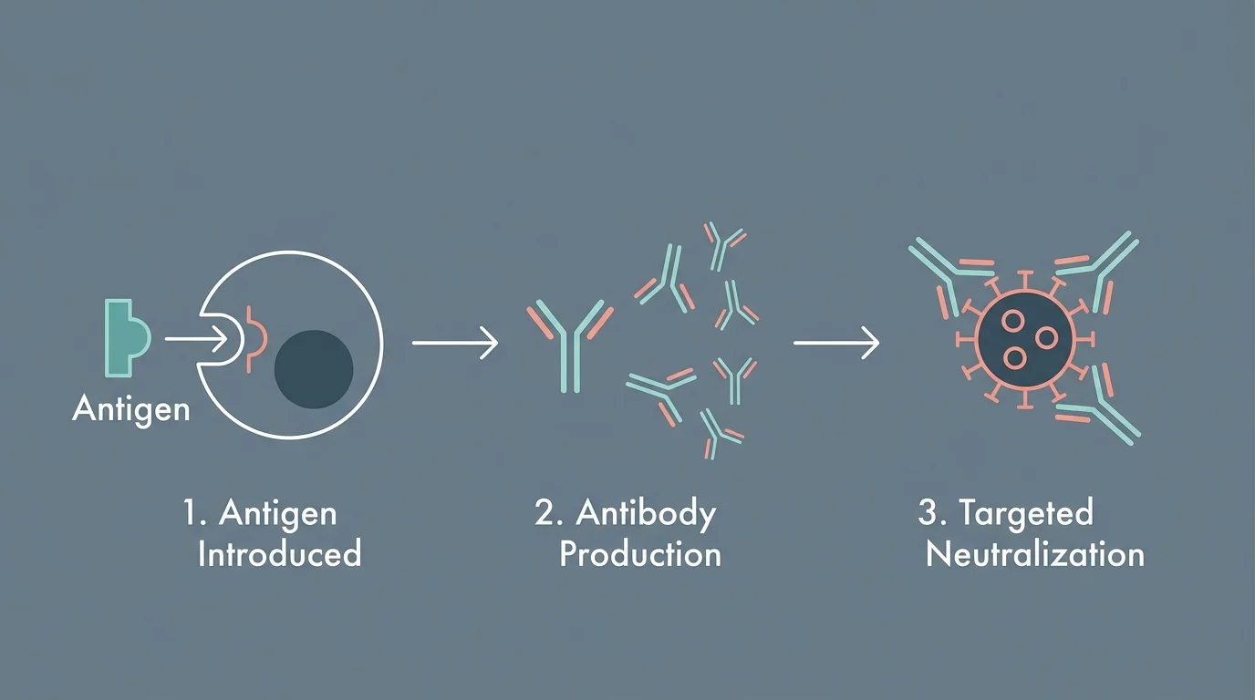A minimalist three-step diagram explaining how antigens trigger antibody production to neutralize viral threats.