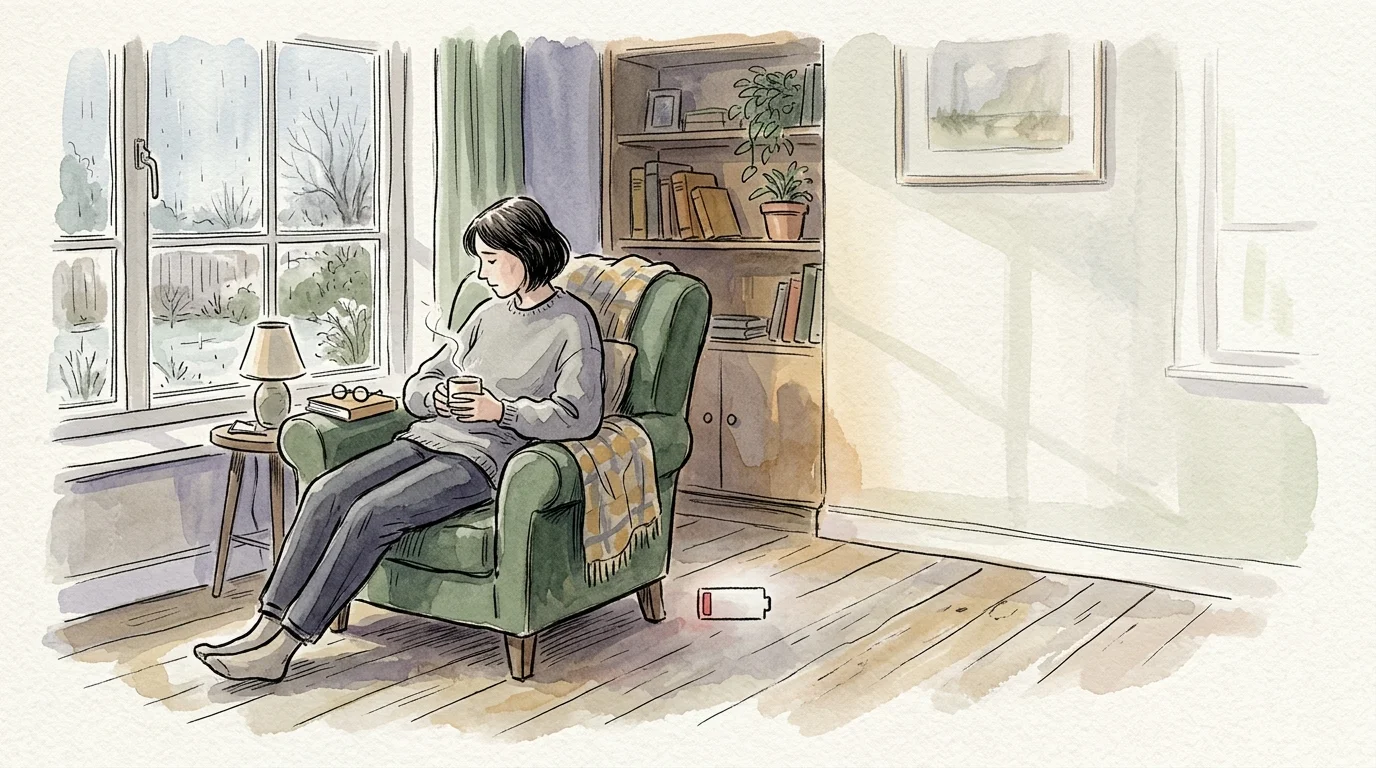 A New Yorker-style watercolor illustration of a fatigued person sitting in an armchair holding a mug, reflecting low energy.