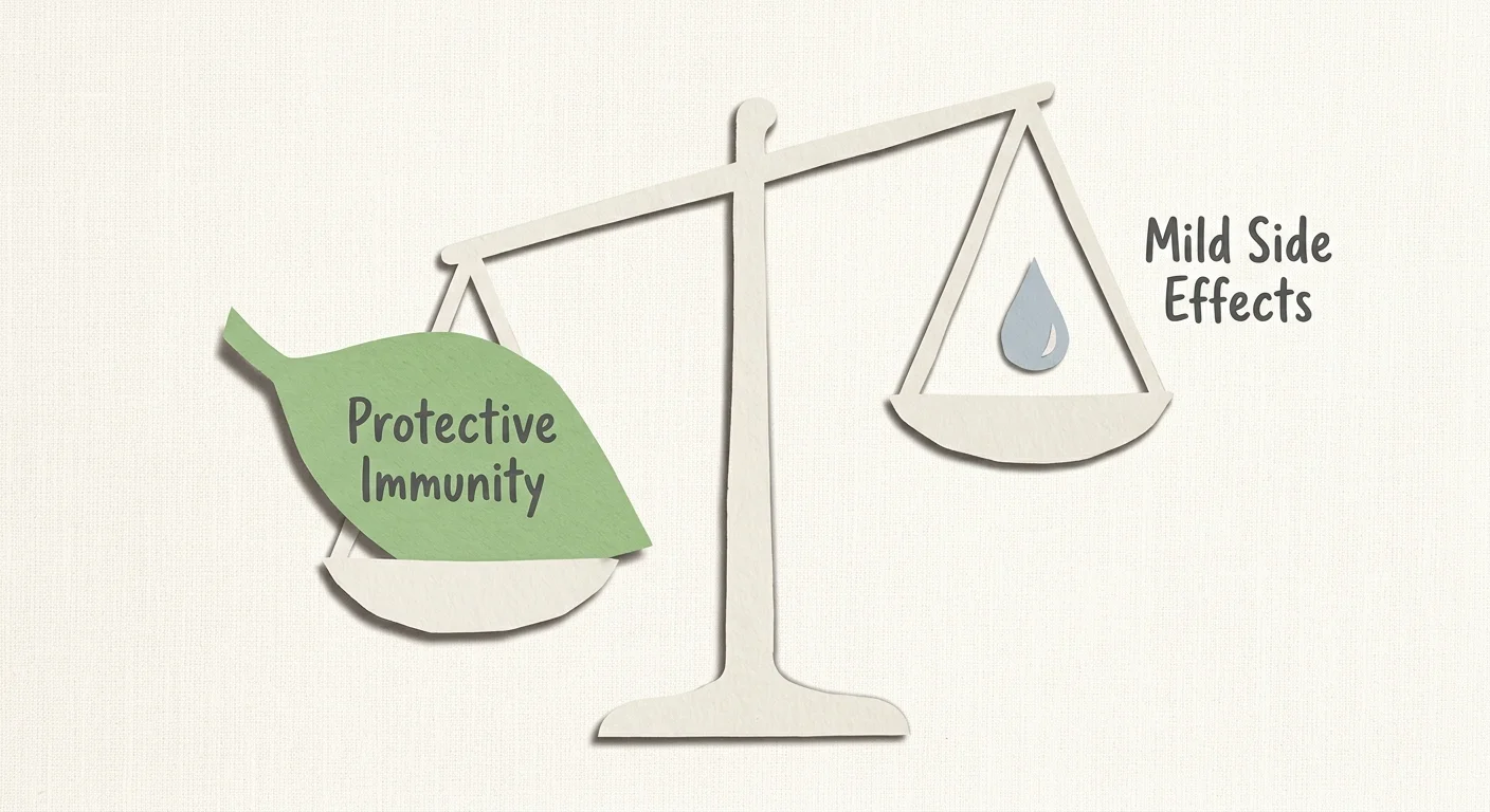 A paper collage illustration of a scale heavily weighted toward 'Protective Immunity' compared to light, minor side effects.