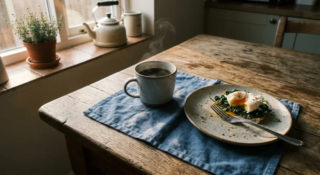 A quiet morning kitchen scene with a ceramic mug of hot coffee and a plate of eggs and spinach on a rustic wooden table in soft sunlight.