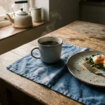 A quiet morning kitchen scene with a ceramic mug of hot coffee and a plate of eggs and spinach on a rustic wooden table in soft sunlight.