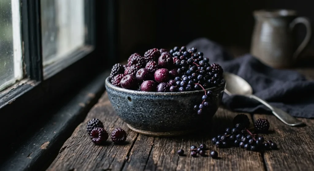 A rustic ceramic bowl overflowing with fresh, dark purple and black berries on a weathered wooden table in soft morning light.