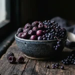 A rustic ceramic bowl overflowing with fresh, dark purple and black berries on a weathered wooden table in soft morning light.