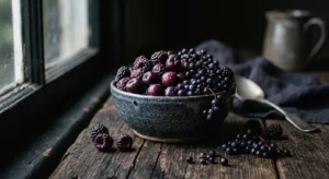 A rustic ceramic bowl overflowing with fresh, dark purple and black berries on a weathered wooden table in soft morning light.