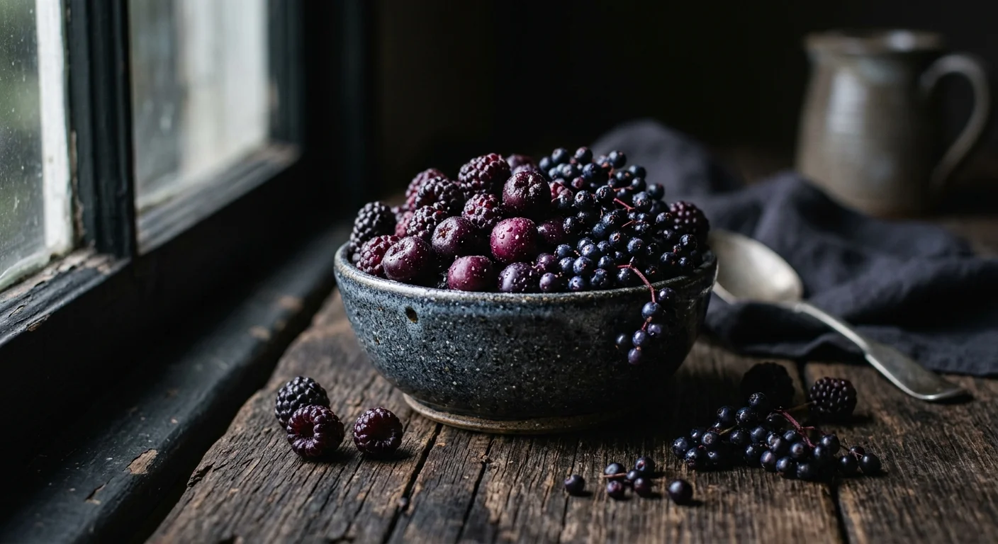 A rustic ceramic bowl overflowing with fresh, dark purple and black berries on a weathered wooden table in soft morning light.