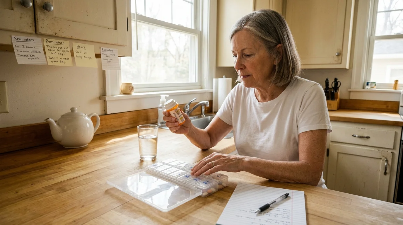 A senior woman organizes pills from a bottle into a daily organizer on a wooden kitchen counter.