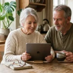 A senior couple smiles while reviewing information on a tablet in their sunlit kitchen, conveying a sense of security and preparation.