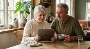 A senior couple smiles while reviewing information on a tablet in their sunlit kitchen, conveying a sense of security and preparation.
