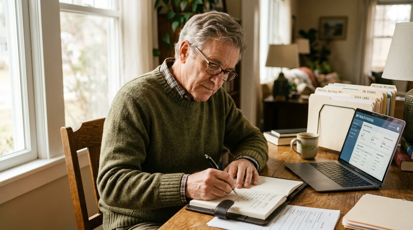 A senior man sitting at a sunlit wooden desk at home, organizing his health records and taking notes in a journal.