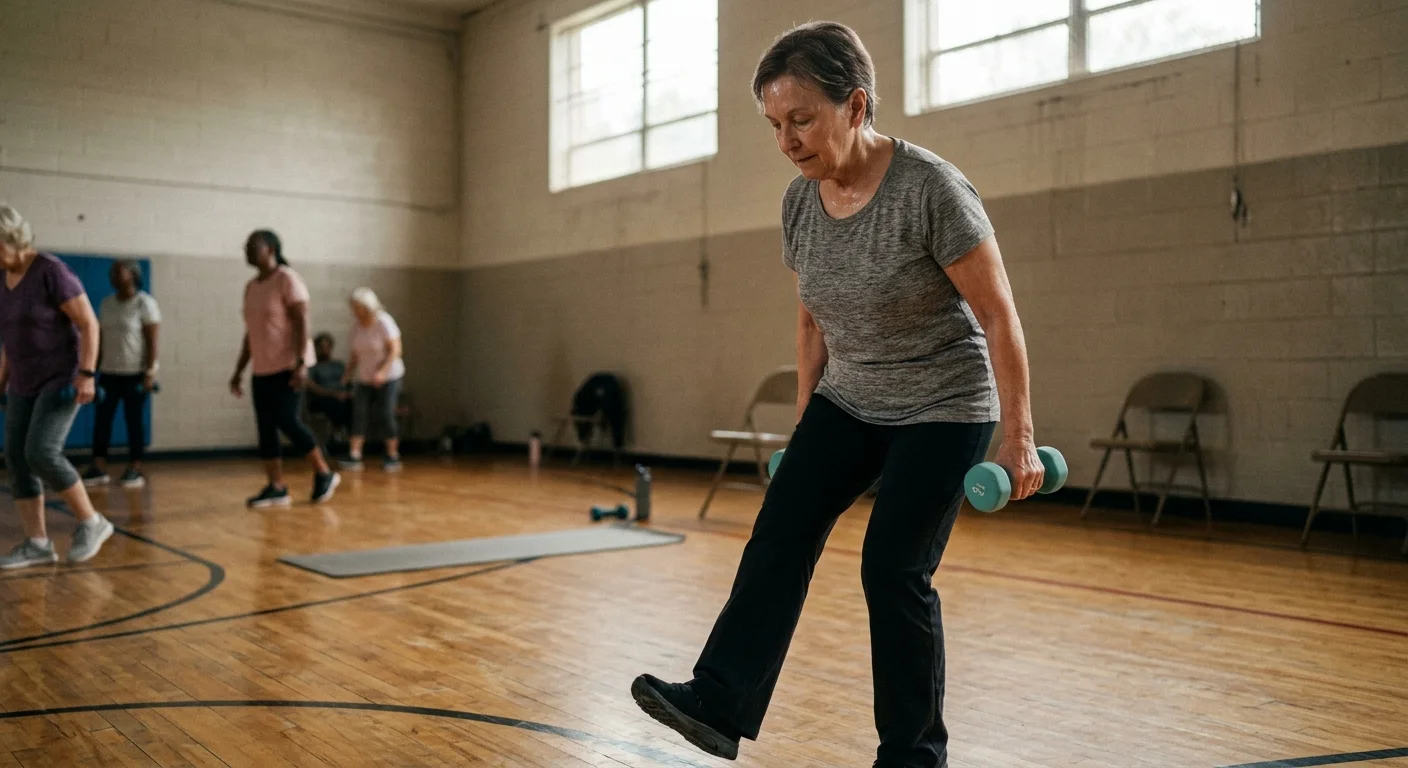 A senior woman focuses on a light dumbbell exercise in a brightly lit, realistic community gym class.