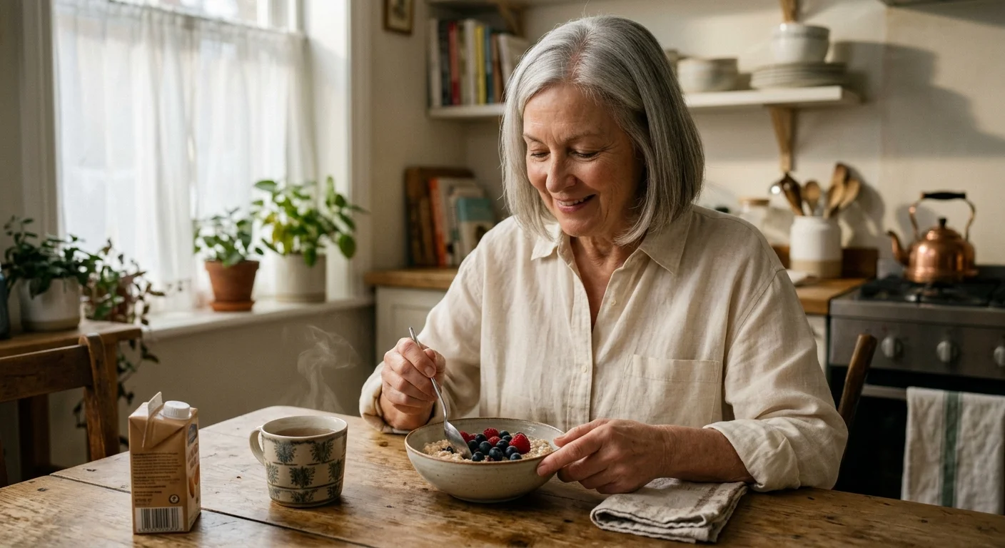 A senior woman with silver hair smiles as she stirs fresh berries into a bowl of oatmeal in her sunlit kitchen.