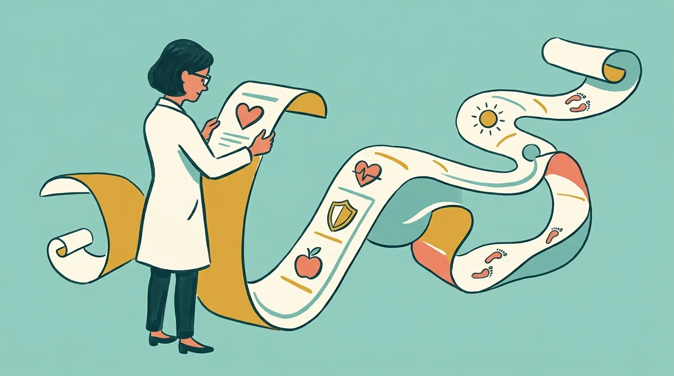 A stylized gouache illustration of a doctor reviewing an unfolding scroll mapped with colorful health and wellness icons.