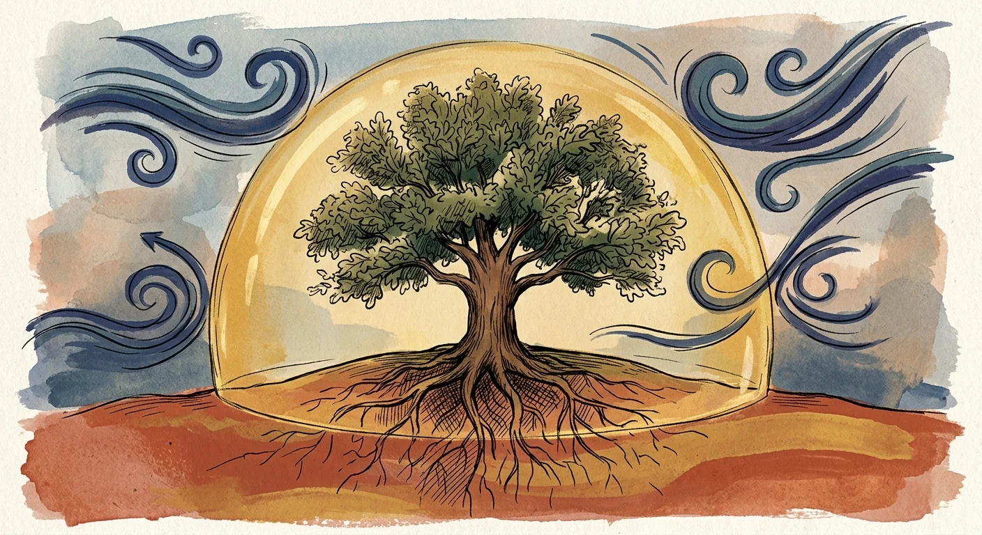 A stylized gouache illustration of a mature oak tree protected under a warm golden dome, shielding it from cold blue wind gusts.