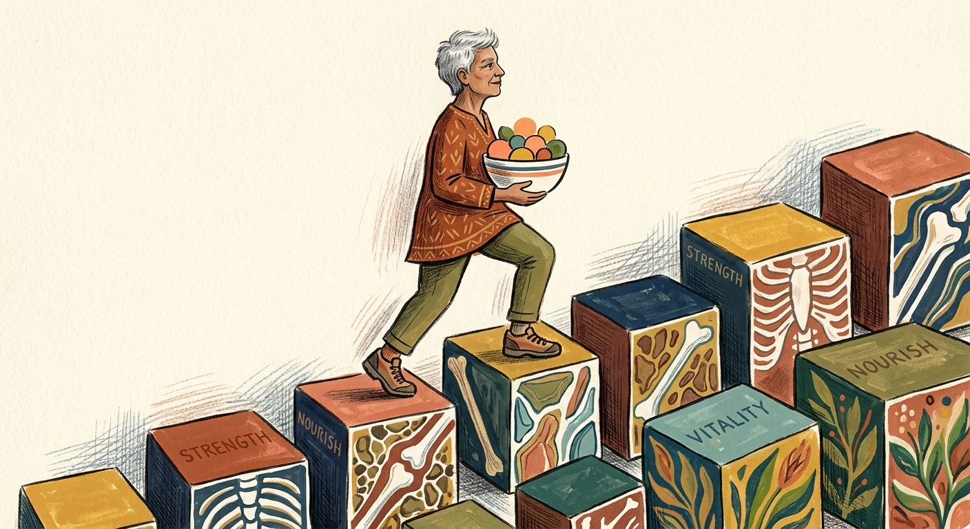 A stylized illustration of a mature figure stepping upward on colorful blocks representing nutrition and physical strength.