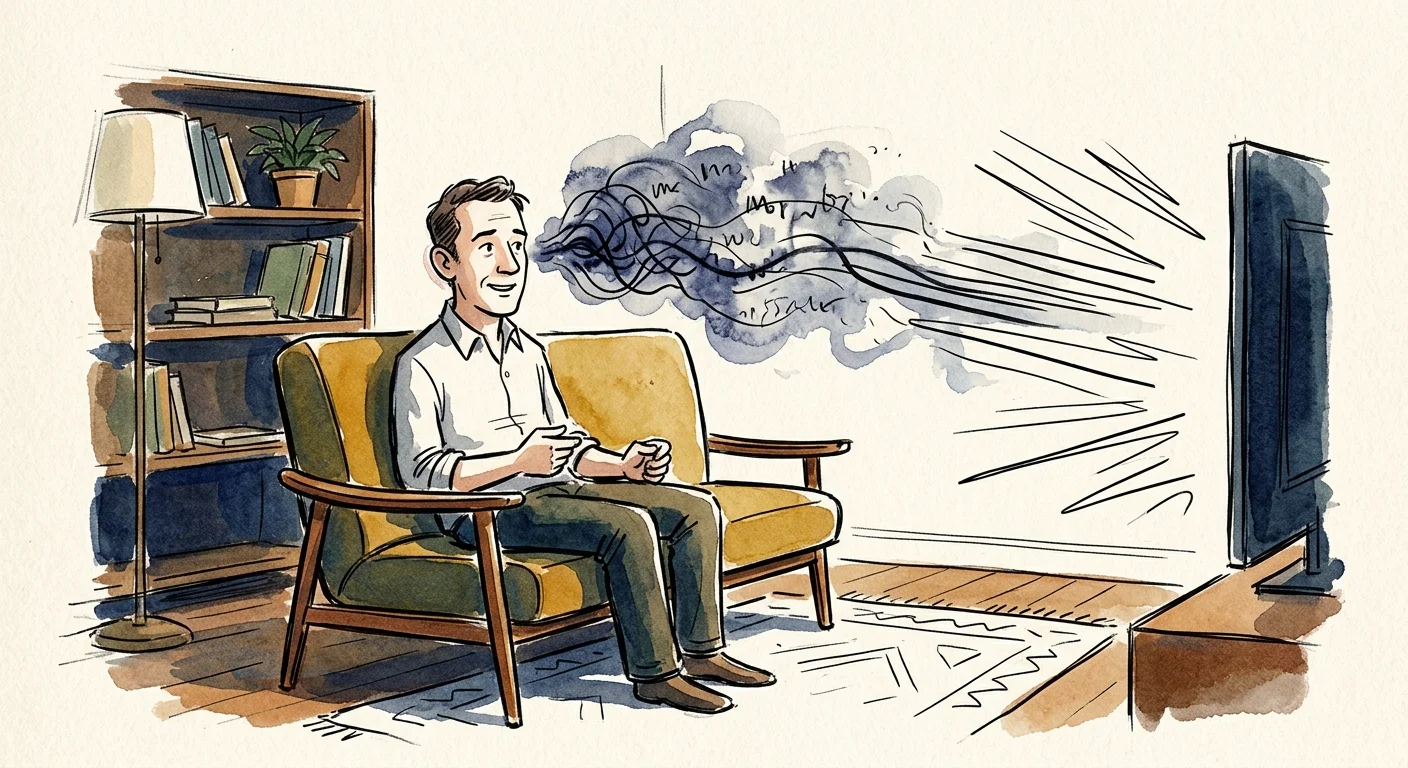 A stylized watercolor illustration showing sound waves blurring as they approach a man sitting in his living room.