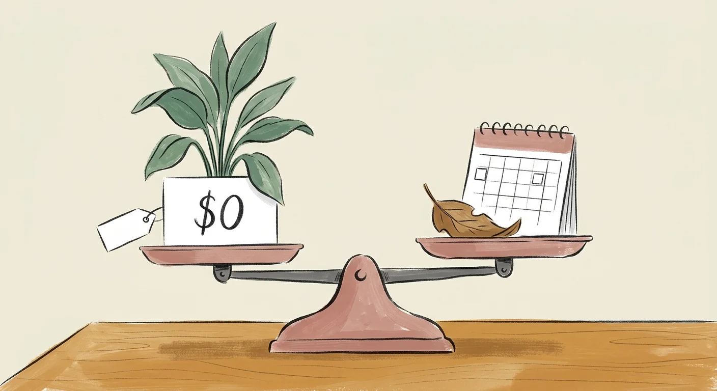 A textured gouache illustration of a balance scale weighing green leaves with a zero-dollar tag against dry, unchecked calendar pages.