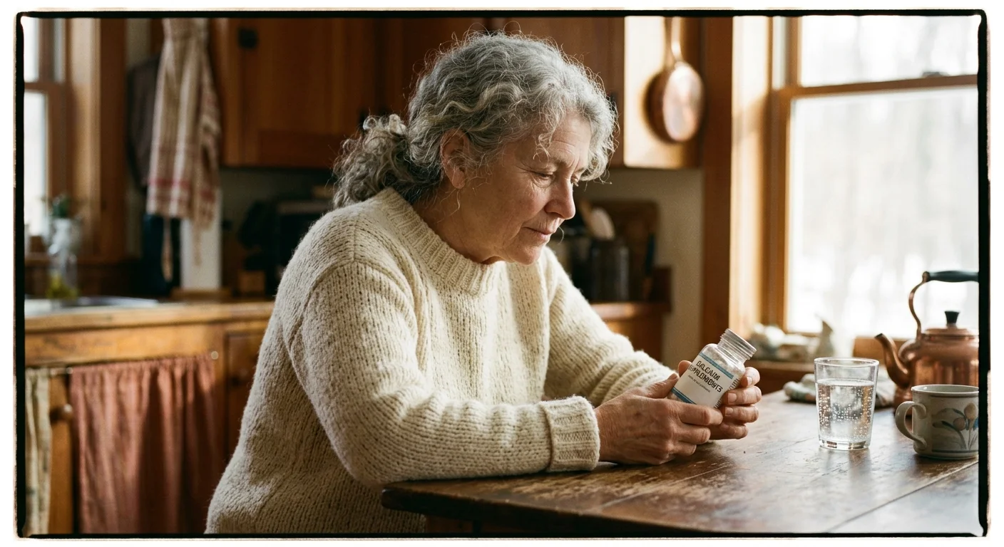 A warm, candid photo of an older woman looking thoughtfully at a supplement bottle in her sunlit kitchen.