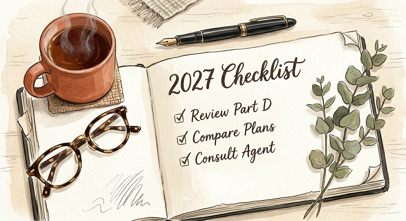 A warm gouache illustration of a desk flat lay featuring a cozy cup of tea, glasses, and a planning notebook titled 2027 Checklist.