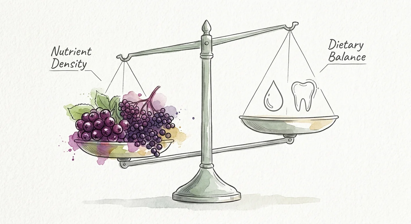 A watercolor illustration of a brass scale weighing a heavy pile of rich berries against simple icons representing dietary balance.