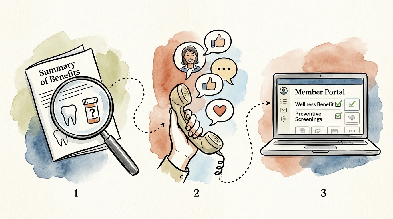 A watercolor illustration of a three-step journey: reading the Summary of Benefits, calling member services, and using the portal.