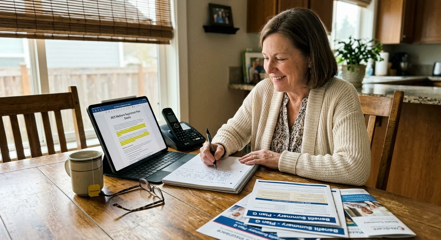 A smiling woman sits at a wooden table taking notes alongside a tablet, paperwork, glasses, and a mug.