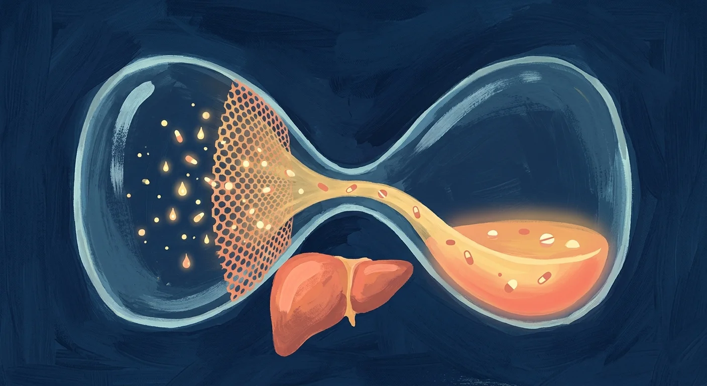 An abstract gouache illustration of a slow filtration system, symbolizing age-related changes in medication clearance.