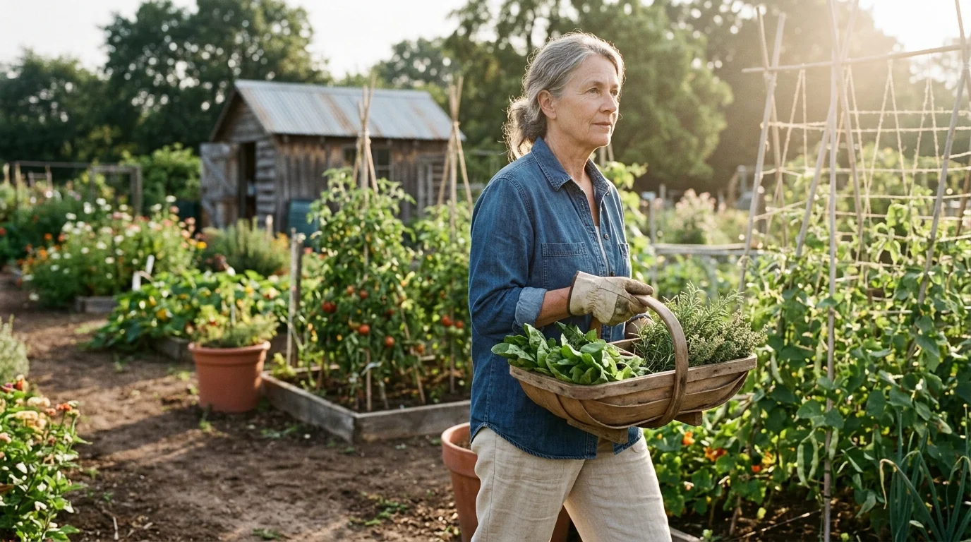 Senior woman carrying a wooden basket of freshly harvested greens through a sunny vegetable garden.