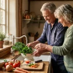 An active older couple happily cooking together in their warm, sun-drenched kitchen, capturing a moment of health and vitality.