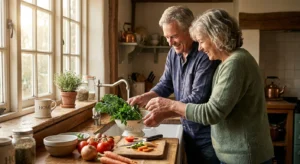 An active older couple happily cooking together in their warm, sun-drenched kitchen, capturing a moment of health and vitality.