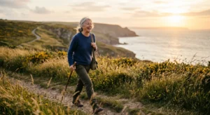 An active older woman with silver hair walking along a scenic coastal trail during a warm golden hour sunset.