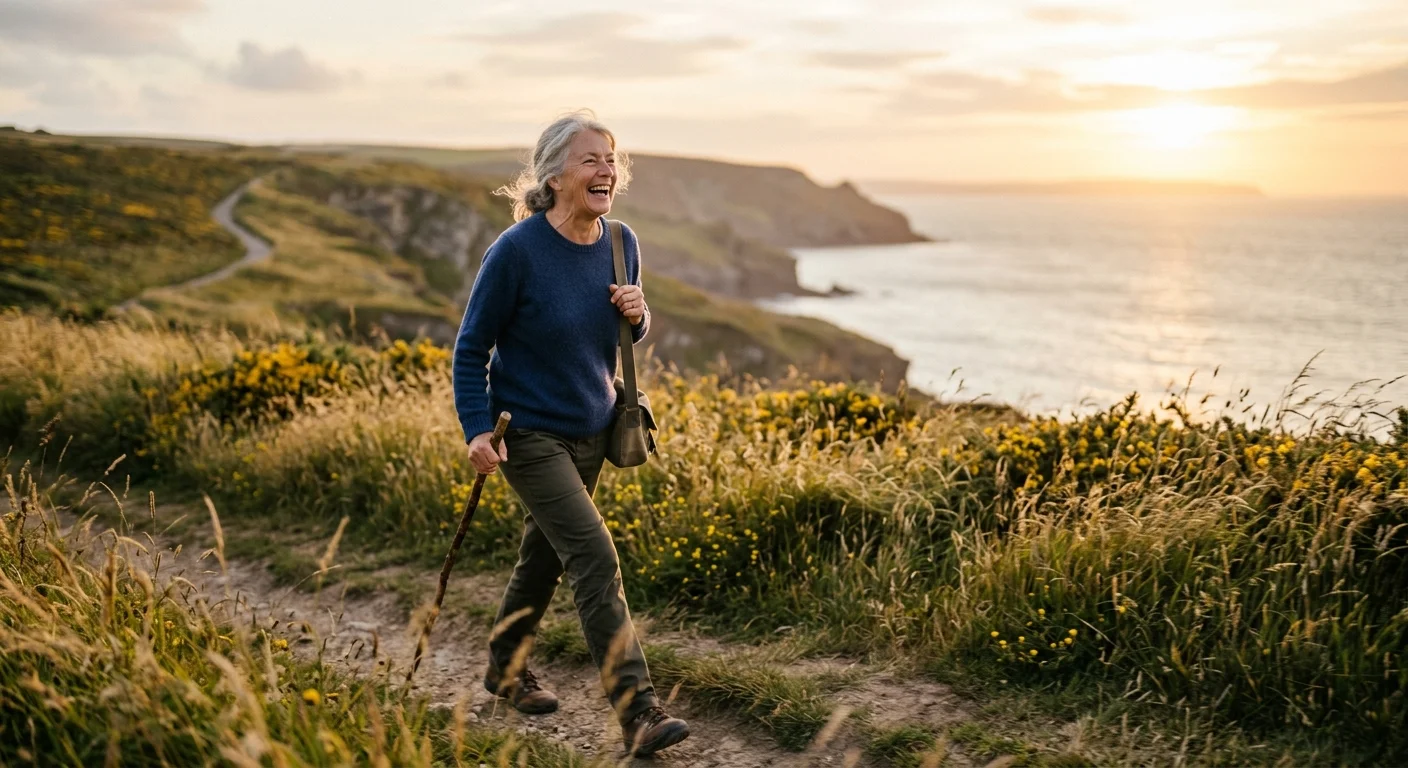 An active older woman with silver hair walking along a scenic coastal trail during a warm golden hour sunset.