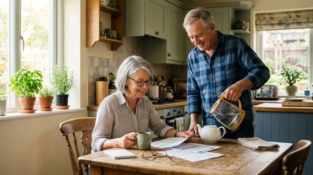 An active senior couple in their bright kitchen, review health schedules together over morning tea.