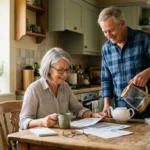 An active senior couple in their bright kitchen, review health schedules together over morning tea.