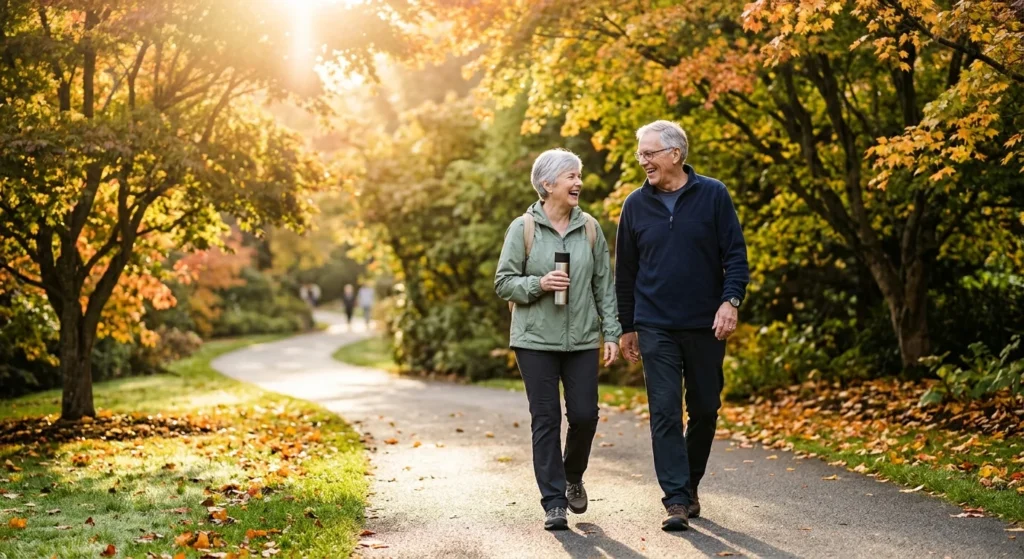 An active senior couple walking happily along a sun-dappled path in a park, symbolizing health and longevity in retirement.