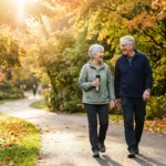 An active senior couple walking happily along a sun-dappled path in a park, symbolizing health and longevity in retirement.