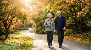 An active senior couple walking happily along a sun-dappled path in a park, symbolizing health and longevity in retirement.