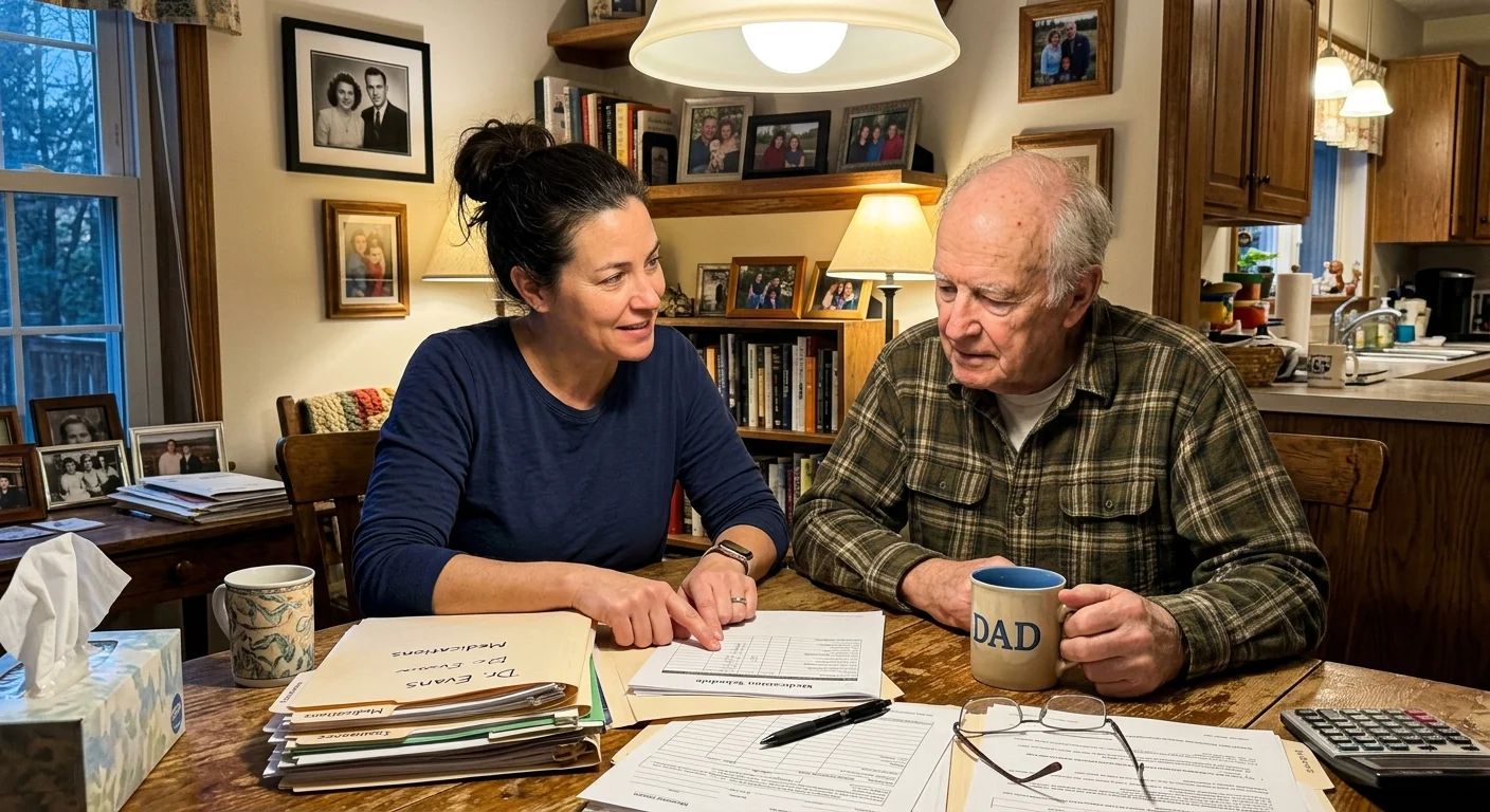 An adult daughter and her elderly father review medical paperwork together at a dining table, representing family collaboration.