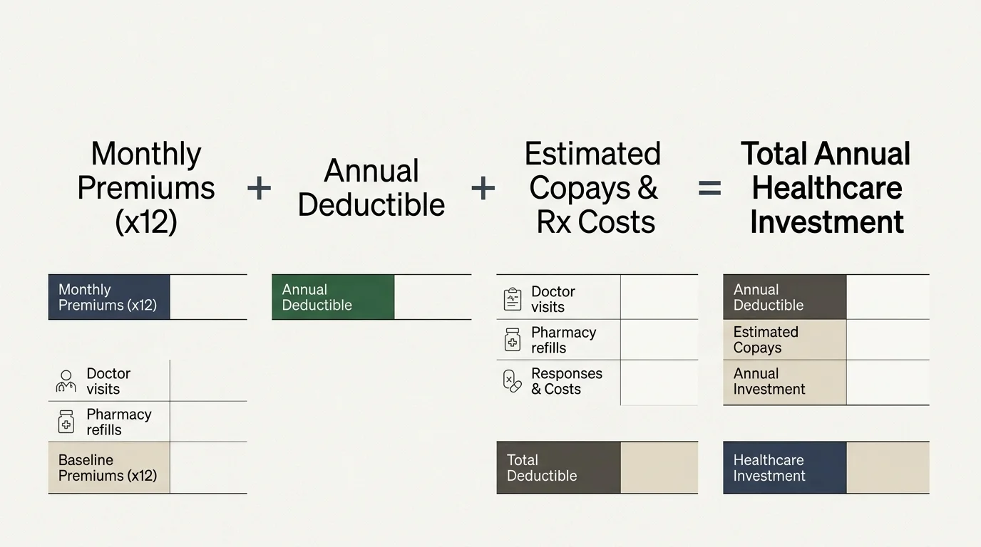 Diagram illustrating an equation that adds monthly premiums, deductibles, and estimated copays to calculate total costs.