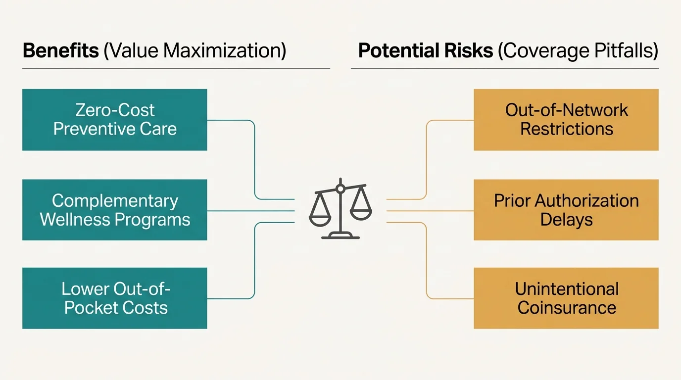 An editorial comparison diagram contrasting the benefits of preventive care with potential risks like out-of-network restrictions.