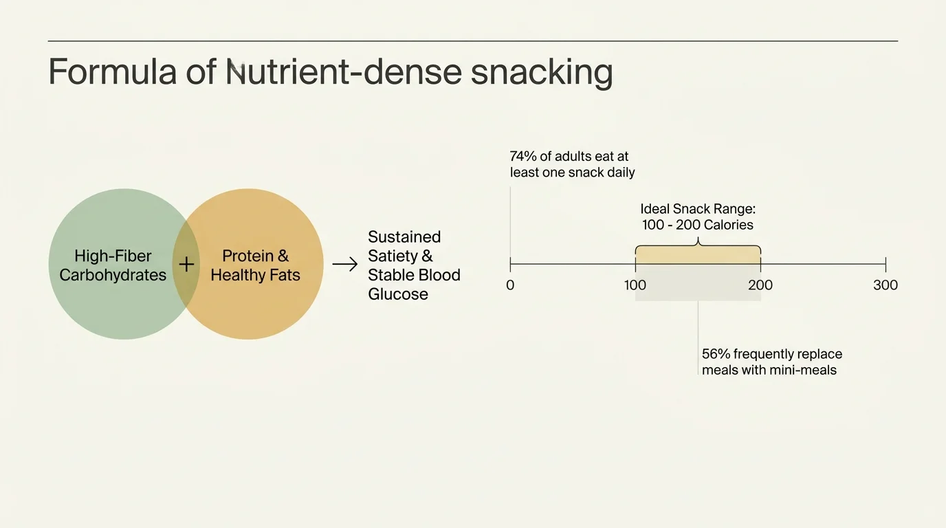 An editorial diagram showing the formula for healthy snacking and the recommended 100 to 200 calorie range.