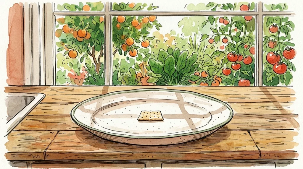 An editorial illustration of a single dry cracker on a plate contrasting with a lush, colorful vegetable garden outside.