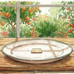 An editorial illustration of a single dry cracker on a plate contrasting with a lush, colorful vegetable garden outside.