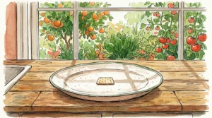 An editorial illustration of a single dry cracker on a plate contrasting with a lush, colorful vegetable garden outside.